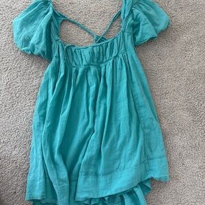 Free People Teal Puff-Sleeve Mini Dress